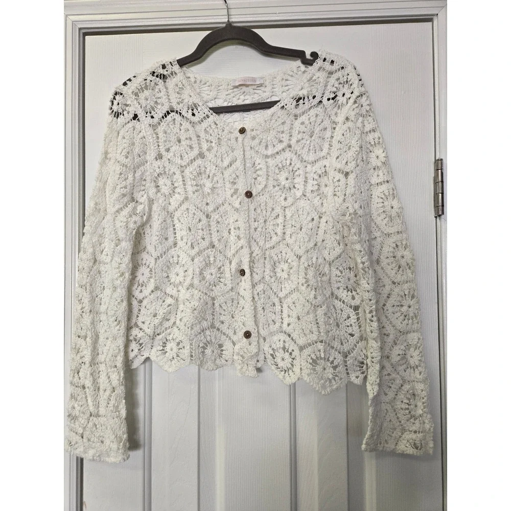 Olivaceous White Crochet Cardigan Floral Open Knit Button Front One Size Small